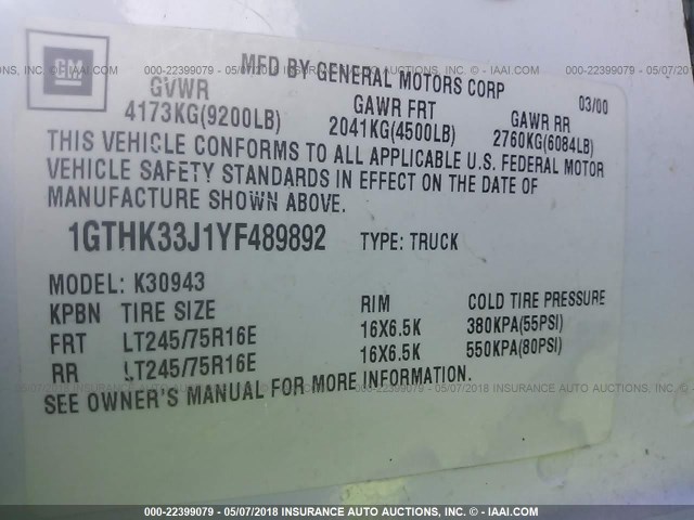 1GTHK33J1YF489892 - 2000 GMC SIERRA K3500 WHITE photo 9