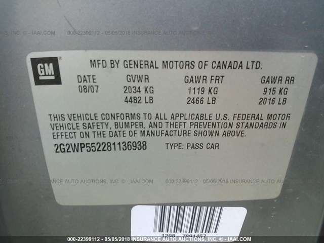 2G2WP552281136938 - 2008 PONTIAC GRAND PRIX ნაცრისფერი ფოტო 9