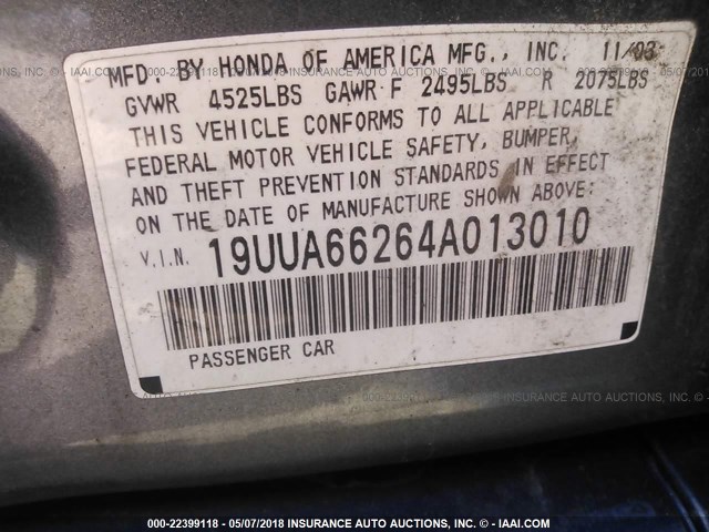 19UUA66264A013010 - 2004 ACURA TL GRAY photo 9