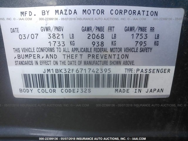 JM1BK32F671742395 - 2007 MAZDA 3 I GRAY photo 9