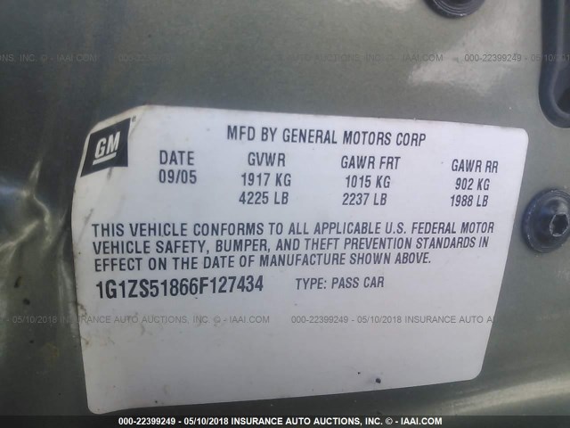 1G1ZS51866F127434 - 2006 CHEVROLET MALIBU LS 绿色 照片 9