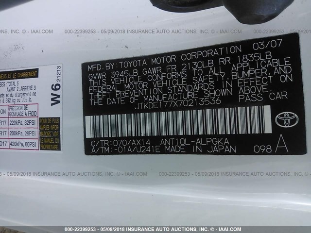 JTKDE177X70213536 - 2007 TOYOTA SCION TC 白色 照片 9