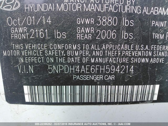 5NPDH4AE6FH594214 - 2015 HYUNDAI ELANTRA SE/SPORT/LIMITED WHITE photo 9