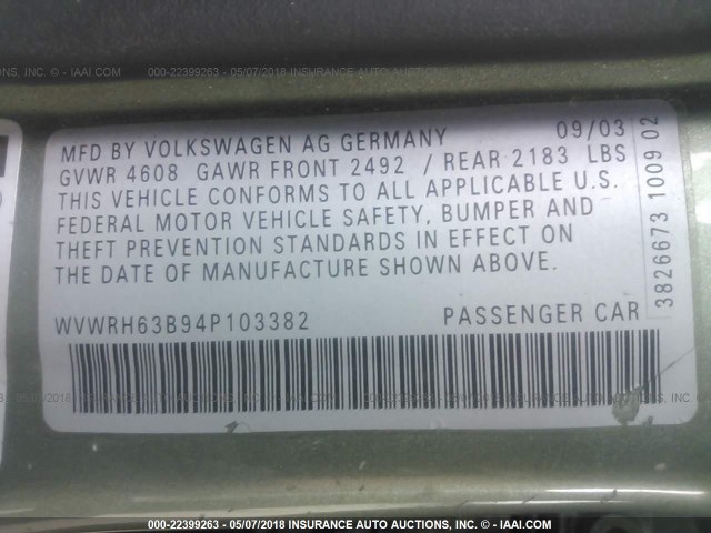 WVWRH63B94P103382 - 2004 VOLKSWAGEN PASSAT GLX 绿色 照片 9