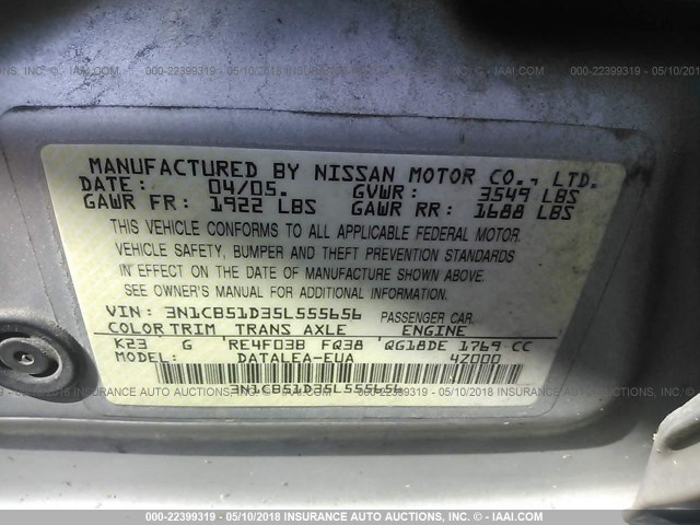 3N1CB51D35L555656 - 2005 NISSAN SENTRA 1.8/1.8S SILVER photo 9