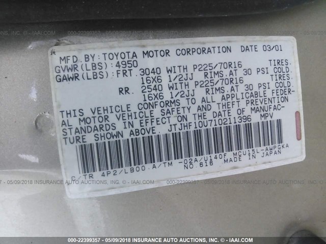 JTJHF10U710211396 - 2001 LEXUS RX 300 TAN photo 9