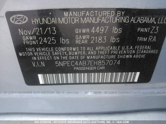 5NPEC4AB7EH857074 - 2014 HYUNDAI SONATA SE/LIMITED Light Blue photo 9