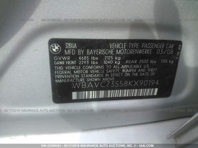 WBAVC73558KX90194 - 2008 BMW 328 XI SULEV SILVER photo 9