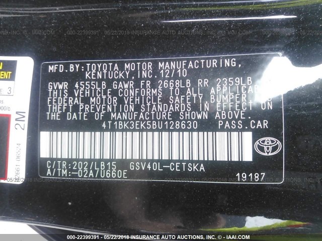 4T1BK3EK5BU128630 - 2011 TOYOTA CAMRY SE/LE/XLE BLACK photo 9