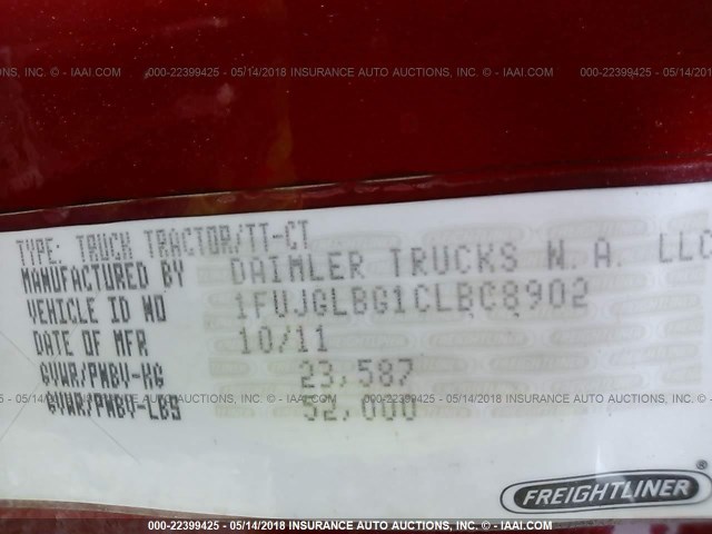 1FUJGLBG1CLBC8902 - 2012 FREIGHTLINER CASCADIA 125  Unknown photo 10