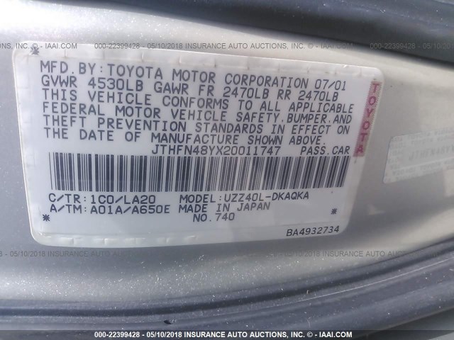 JTHFN48YX20011747 - 2002 LEXUS SC 430 SILVER photo 9