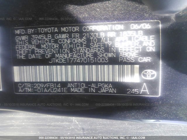 JTKDE177470151003 - 2007 TOYOTA SCION TC 黑色 照片 9