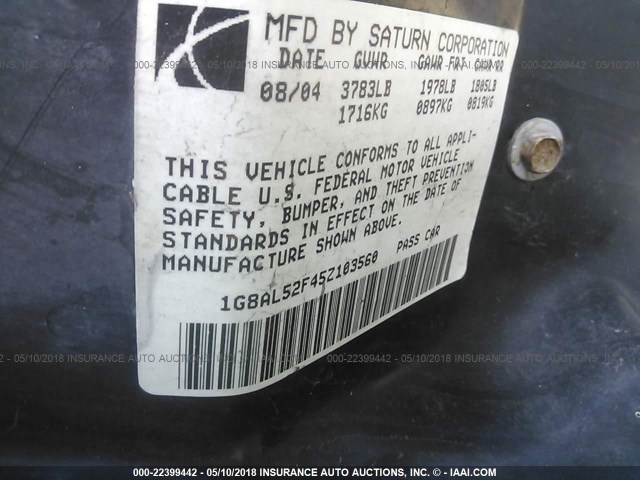 1G8AL52F45Z103560 - 2005 SATURN ION LEVEL 3 SILVER photo 9