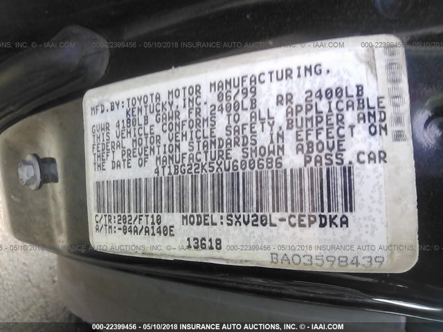 4T1BG22K5XU600686 - 1999 TOYOTA CAMRY CE/LE/XLE 黑色 照片 9