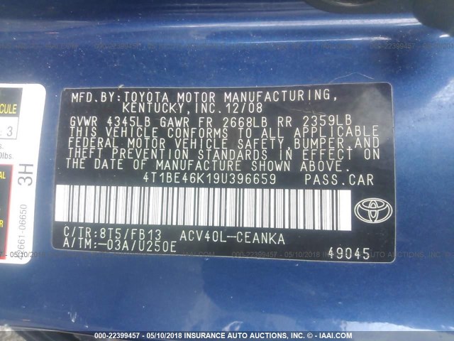 4T1BE46K19U396659 - 2009 TOYOTA CAMRY SE/LE/XLE BLUE photo 9