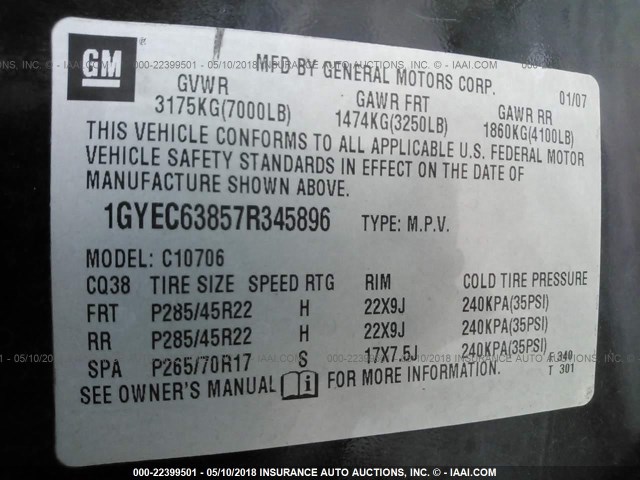 1GYEC63857R345896 - 2007 CADILLAC ESCALADE LUXURY შავი ფოტო 9