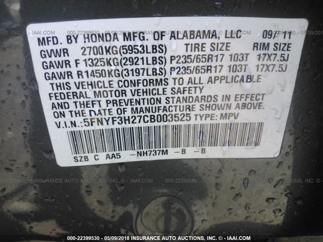 5FNYF3H27CB003525 - 2012 HONDA PILOT LX GRAY photo 9