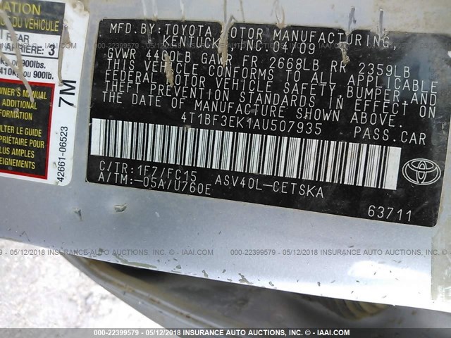 4T1BF3EK1AU507935 - 2010 TOYOTA CAMRY SE/LE/XLE SILVER photo 9