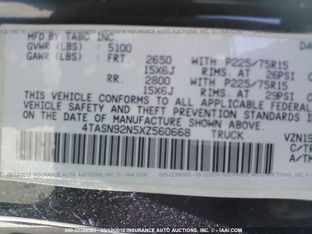 4TASN92N5XZ560668 - 1999 TOYOTA TACOMA XTRACAB PRERUNNER შავი ფოტო 9