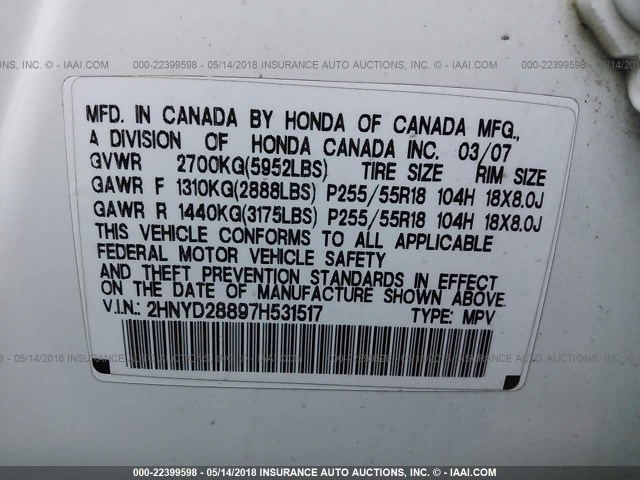 2HNYD28897H531517 - 2007 ACURA MDX SPORT WHITE photo 9