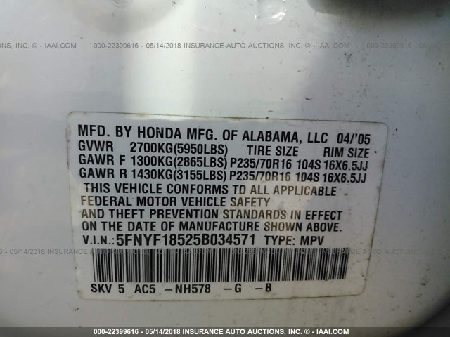 5FNYF18525B034571 - 2005 HONDA PILOT EXL WHITE photo 9