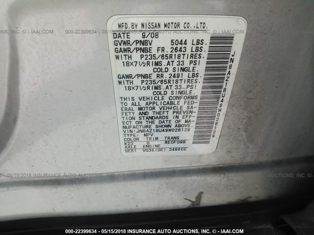 JN8AZ18U49W028129 - 2009 NISSAN MURANO S/SL SILVER photo 9