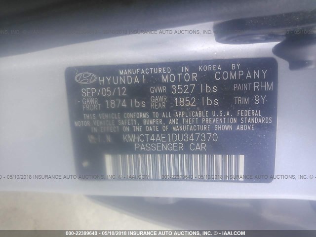 KMHCT4AE1DU347370 - 2013 HYUNDAI ACCENT GLS/GS SILVER photo 9