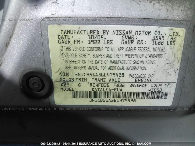 3N1CB51A56L479428 - 2006 NISSAN SENTRA 1.8S SILVER photo 9