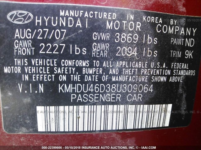 KMHDU46D38U309064 - 2008 HYUNDAI ELANTRA GLS/SE/LIMITED RED photo 9