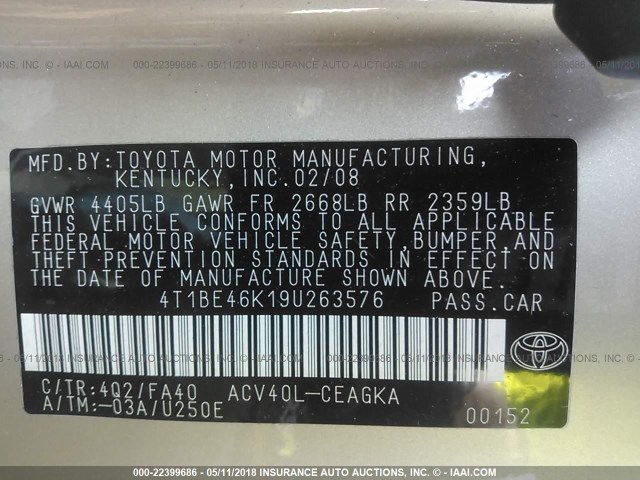 4T1BE46K19U263576 - 2009 TOYOTA CAMRY SE/LE/XLE ოქროსფერი ფოტო 9