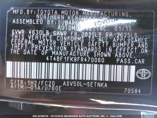 4T4BF1FK8FR470060 - 2015 TOYOTA CAMRY LE/XLE/SE/XSE BLACK photo 9