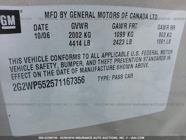 2G2WP552571167356 - 2007 PONTIAC GRAND PRIX GOLD photo 9