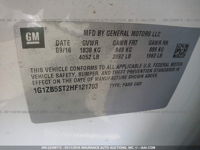 1G1ZB5ST2HF121703 - 2017 CHEVROLET MALIBU LS 白色 照片 9