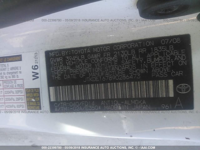 JTKDE167890286473 - 2009 TOYOTA SCION TC 白色 照片 9