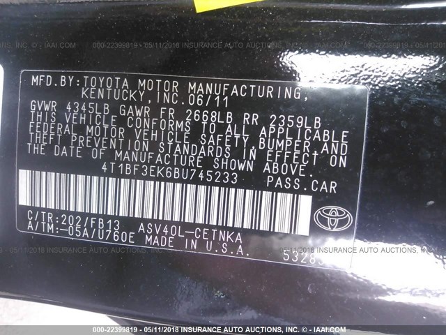 4T1BF3EK6BU745233 - 2011 TOYOTA CAMRY SE/LE/XLE 黑色 照片 9