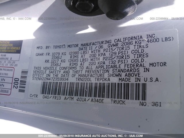 5TENX22N47Z359934 - 2007 TOYOTA TACOMA WHITE photo 9