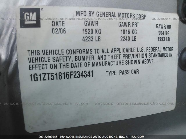 1G1ZT51816F234341 - 2006 CHEVROLET MALIBU LT SILVER photo 9