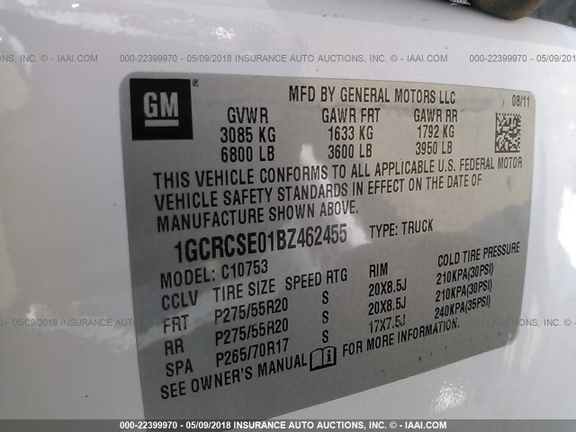 1GCRCSE01BZ462455 - 2011 CHEVROLET SILVERADO C1500 LT WHITE photo 9