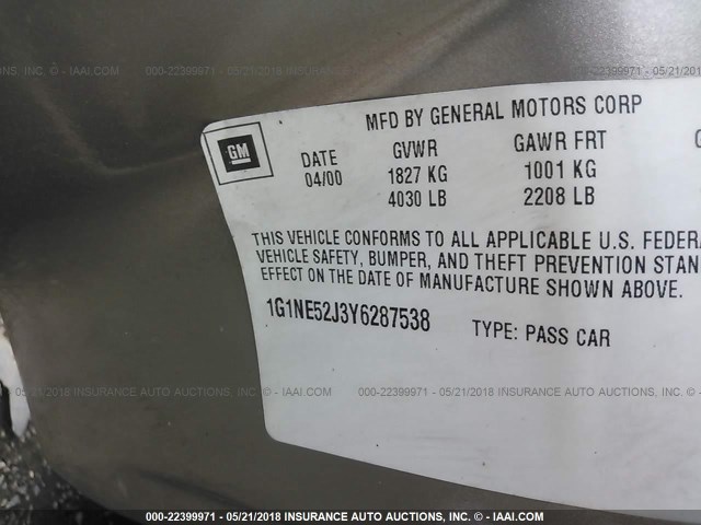 1G1NE52J3Y6287538 - 2000 CHEVROLET MALIBU LS GOLD photo 9