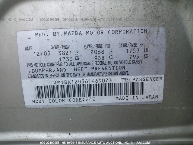 JM1BK12G561469073 - 2006 MAZDA 3 I ოქროსფერი ფოტო 9