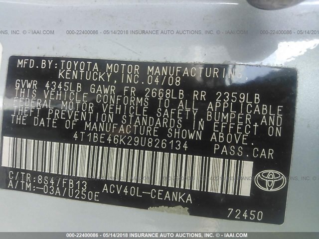 4T1BE46K29U826134 - 2009 TOYOTA CAMRY SE/LE/XLE 蓝色 照片 9