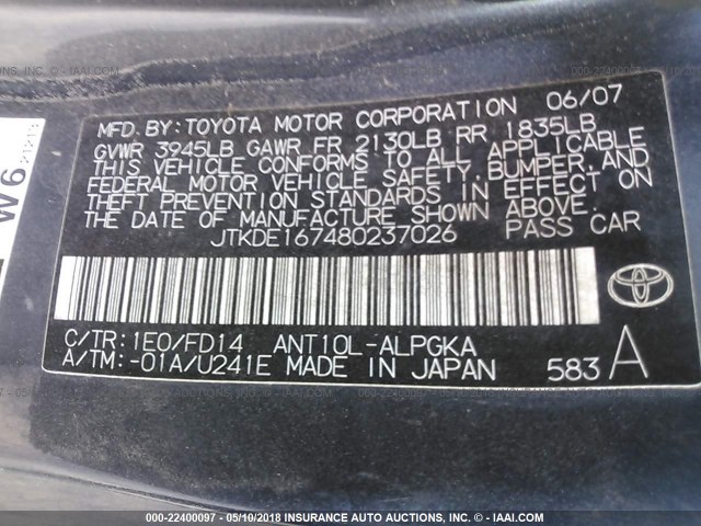 JTKDE167480237026 - 2008 TOYOTA SCION TC 灰色 照片 9
