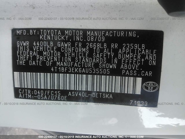 4T1BF3EK6AU535505 - 2010 TOYOTA CAMRY SE/LE/XLE 白色 照片 9