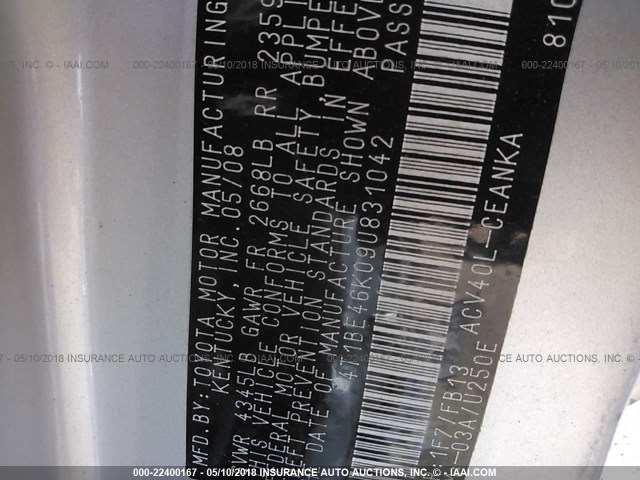 4T1BE46K09U831042 - 2009 TOYOTA CAMRY SE/LE/XLE 银色 照片 9