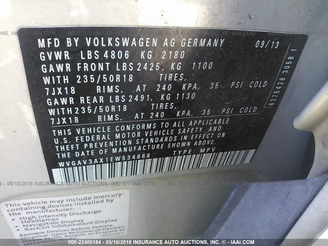 WVGAV3AX1EW534868 - 2014 VOLKSWAGEN TIGUAN S/SE/SEL/R-LINE SILVER photo 9