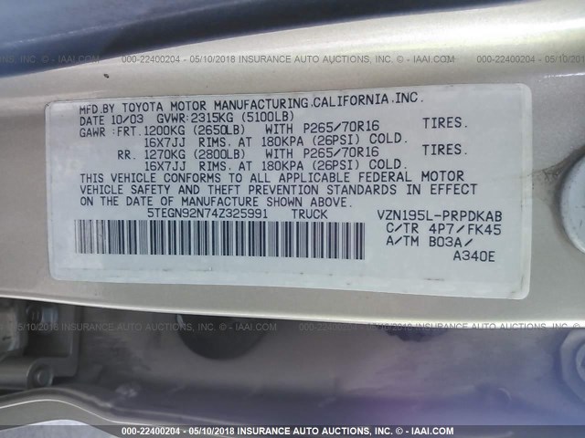 5TEGN92N74Z325991 - 2004 TOYOTA TACOMA DOUBLE CAB PRERUNNER GOLD photo 9