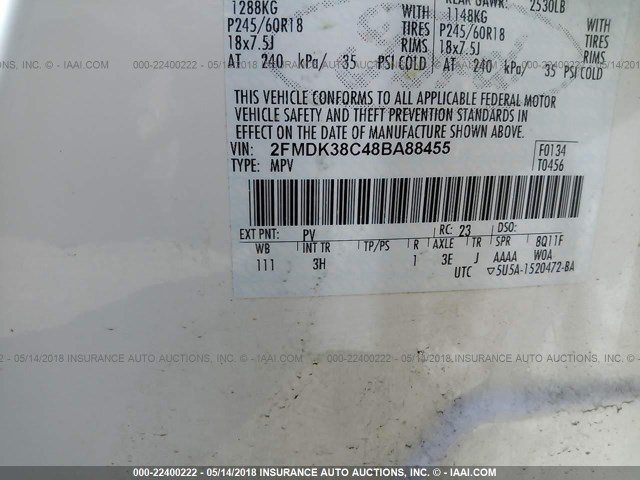 2FMDK38C48BA88455 - 2008 FORD EDGE SEL WHITE photo 9