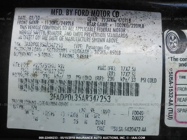 3FADP0L35AR347253 - 2010 FORD FUSION HYBRID BLACK photo 9