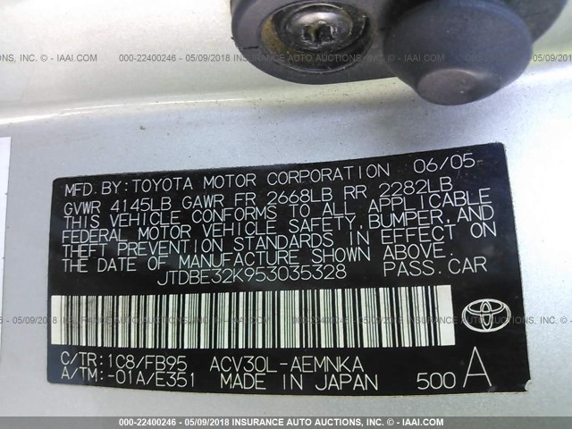 JTDBE32K953035328 - 2005 TOYOTA CAMRY LE/XLE/SE ვერცხლისფერი ფოტო 9