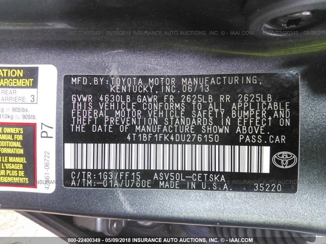 4T1BF1FK4DU276150 - 2013 TOYOTA CAMRY L/SE/LE/XLE Boz foto 9
